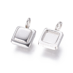 Stainless Steel Color 304 Stainless Steel Pendant Cabochon Settings, Square, Stainless Steel Color, Tray: 4x4mm, 9x6x2mm, Hole: 2mm