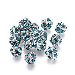 Blue Zircon Brass Rhinestone Beads, with Iron Single Core, Grade A, Silver Color Plated, Round, Blue Zircon, 8mm in diameter, Hole: 1mm