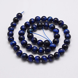 Dark Blue Natural Tiger Eye Bead Strands, Round, Dyed & Heated, Dark Blue, 8mm, Hole: 1.2mm, about 49pcs/strand, 14.9 inch~15.5 inch