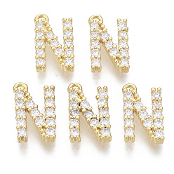 Letter N Brass Micro Pave Cubic Zirconia Charms, Nickel Free, Letter, Clear, Real 18K Gold Plated, Letter.N, 13.5x8x2.5mm, Hole: 1.2mm