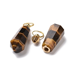 Tiger Eye Natural Tiger Eye Openable Perfume Bottle Pendants, with Golden Tone Brass Findings, Faceted Bullet Charm, 47.5mm, Pendant: 39x15x15mm, Inner Diameter: 5mm