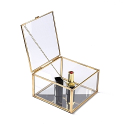 Золотой Квадратный сундук для украшений из прозрачного стекла, с откидной крышкой, ящик для хранения косметики для ювелирных изделий, золотые, 13.1x13.1x7.5 см, Внутренний диаметр: 12.3x12.3 cm