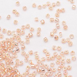 Pêche 8/0 rondes perles de rocaille de verre, Grade a, argent bordée trou carré, couleurs transparentes arc, peachpuff, 2.8~3.2mm, trou: 1.0 mm, environ 15000 pièces / livre