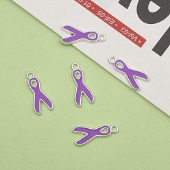 Purple Alloy Enamel Pendants, Lead Free and Cadmium Free, Awareness Ribbon, Platinum Metal Color, Purple, 19x8x1mm, Hole: 2mm