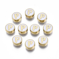 Letter P Des perles d'émail en alliage, sans cadmium et sans plomb, or et de lumière, rond et plat avec alphabet, blanc, letter.p, 8x4mm, Trou: 1.5mm