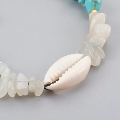 Synthetic Turquoise Synthetic Turquoise(Dyed) & Natural White Moonstone Chip Braided Bead Bracelets, with Cowrie Shell, 1-7/8 inch~3-1/8 inch(4.7~8cm)