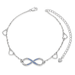 Platinum SHEGRACE Rhodium Plated 925 Sterling Silver Link Anklets, with Blue Corundum, Heart and Infinity, Cornflower Blue, Platinum, 8-1/4 inch(21cm)