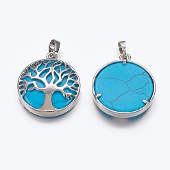 Synthetic Turquoise Synthetic Turquoise Pendants, with Brass Finding, Flat Round with Tree of Life, Platinum, 31x27x6mm, Hole: 5x8mm