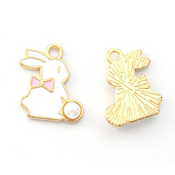 Pink Light Gold Plated Alloy Enamel Pendants, Rabbit with Pearl, Pink, 17x13x1.5mm, Hole: 1.8mm
