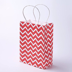 Rouge Sacs en papier kraft, avec poignées, sacs-cadeaux, sacs à provisions, rectangle, motif de vague, rouge, 21x15x8 cm