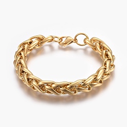 Golden Ion Plating(IP) 304 Stainless Steel Wheat Chain Bracelets, with Lobster Claw Clasps, Golden, 8-5/8 inch(22cm)