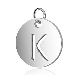 Letter K 304 Stainless Steel Charms, Flat Round with Letter, Stainless Steel Color, Letter.K, 12x1mm, Hole: 2.5mm