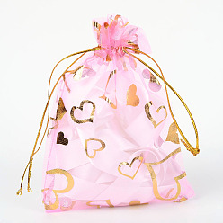 PeachPuff Heart Printed Organza Bags, Wedding Favor Bags, Favour Bag, Gift Bags, Rectangle, PeachPuff, 14x10cm