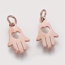 Rose Gold 304 Stainless Steel Pendants, Hamsa Hand/Hand of Fatima/Hand of Miriam with Heart, Rose Gold, 15x9.5x1mm, Hole: 4mm