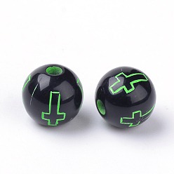 Black Craft Acrylic Beads, Round with Cross, Black, 7~8mm, Hole: 1.5mm, about 1800pcs/500g