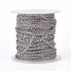 Couleur Acier Inoxydable 304 chaînes de câbles en acier inoxydable, chaînes de coupe de diamant, non soudée, facette, avec bobine, ovale, couleur inox, 3.1x2.2x0.6mm, environ 65.61 pieds (20 m)/rouleau