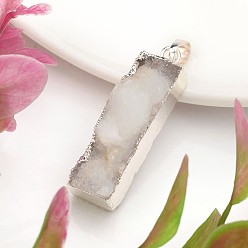 Silver Rectangle Dyed Natural Druzy Agate Pendants, with Brass Findings, Silver Color Plated, 38~41x9~11x8~13mm, Hole: 5mm