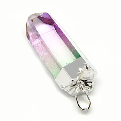 Hot Pink Natural Quartz Crystal Pointed Pendants, with Iron Findings, Plated Platinum, Nuggets, Dyed, Hot Pink, 30~45x9~14x6~10mm, Hole: 6x3.5mm