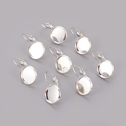 Silver Brass Leverback Earring Findings, with Flat Round Tray, Silver, Tray: 12mm, 27x14mm, Pin: 1mm