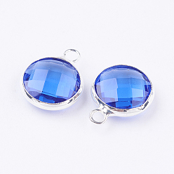 Royal Blue Silver Color Plated Brass Glass Flat Round Charms, Faceted, Royal Blue, 12x8.5x3mm, Hole: 1.5mm