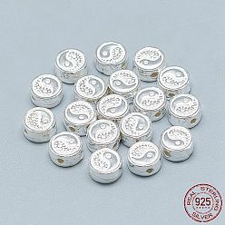 Silver Feng Shui 925 Sterling Silver Beads, Flat Round with Yin Yang, Silver, 7.5x4mm, Hole: 1.4mm
