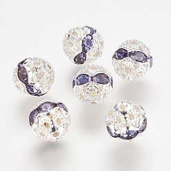 Violet Brass Rhinestone Beads, Grade A, Silver Color Plated, Round, Violet, 8mm, Hole: 1mm