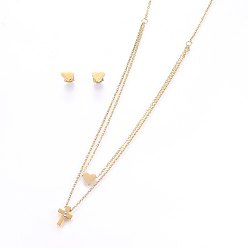 Golden 304 Stainless Steel Jewelry Sets, Stud Earrings and Pendant Tiered Necklaces, with Rhinestone, Cross and Heart, Golden, Necklace: 18.1 inch(46cm), 1.5mm, Stud Earrings: 7x8x1.2mm, Pin: 0.8mm