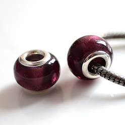 Purple Handmade Silver Foil Glass European Beads, with Silver Color Plated Brass Cores, Rondelle, Purple, 14x10mm, Hole: 5mm