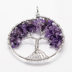 Amethyst Tree of Life Natural Amethyst Bead Brass Wire Wrapped Big Pendants, Cadmium Free & Nickel Free & Lead Free, 50~64x48~52x5~8mm, Hole: 3~6mm