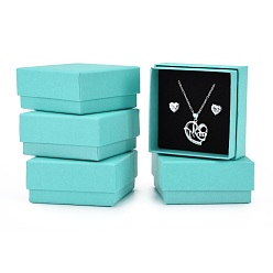 Medium Turquoise Cardboard Gift Box Jewelry Set Boxes, for Necklace, Ring, with Black Sponge Inside, Square, Medium Turquoise, 7.5x7.5x3.5cm