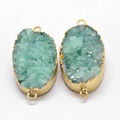 Aqua Electroplated Natural & Dyed Druzy Agate Links connectors, with Golden Plated Brass Findings, Oval, Aqua, 30~42x15~27x9~12mm, Hole: 2mm
