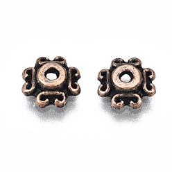 Red Copper Tibetan Style Bead Caps, Zinc Alloy, Lead Free & Nickel Free & Cadmium Free, Flower, Red Copper Color, 7x2.5mm, Hole: 1mm