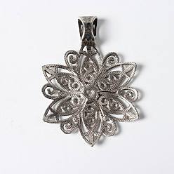 Antique Silver Tibetan Style Alloy Focal Pendants, Cadmium Free & Nickel Free & Lead Free, Fancy Filigree Flower, Antique Silver, 64x46.5x1.5mm, Hole: 11mm