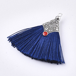 Dark Blue Polyester Tassel Pendant Decorations, with Alloy Findings and Enamel, Fan Shape, Antique Silver, Dark Blue, 45~50x40~44x7~10mm, Hole: 2.5mm