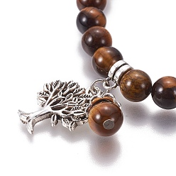 Tiger Eye Chakra Jewelry, Natural Tiger Eye Bracelets, with Metal Tree Pendants, 50mm
