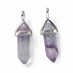Fluorite Natural Colorful Fluorite Pendants, Faceted, with Platinum Tone Brass Findings, Lead free & Cadmium Free, Bullet, 27~30x9~10x7~8mm, Hole: 4x3mm