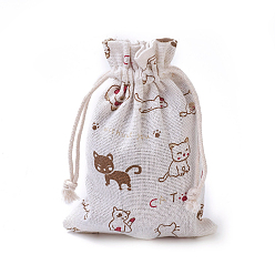 Colorful Burlap Kitten Packing Pouches, Drawstring Bags, Rectangle with Cartoon Cat Pattern, Colorful, 14~14.4x10~10.2cm