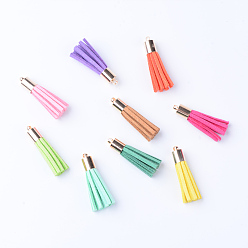 Mixed Color Faux Suede Tassel Pendant Decorations, with Brass Cord Ends, Golden, Mixed Color, 33~34x7mm, Hole: 2mm