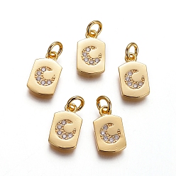 Golden Brass Charms, with Micro Pave Cubic Zirconia and Jump Rings, Rectangle with Moon, Clear, Golden, 13.5x8x1.5mm, Hole: 3mm