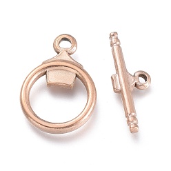 Rose Gold Ion Plating(IP) 304 Stainless Steel Toggle Clasps, Ring, Rose Gold, Ring: 19x13.5x2.7mm, Hole: 1.8mm, Bar: 19.5x7x2.5mm, Hole: 1.2mm