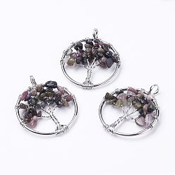 Tourmaline Natural Tourmaline Pendants, with Brass Findings, Flat Round with Tree of Life, Platinum, 29x5~7mm, Hole: 4.5mm