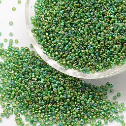 Vert 8/0 rondes perles de rocaille de verre, Grade a, argent bordée trou carré, couleurs transparentes arc, verte, 2.8~3.2mm, trou: 1.0 mm, environ 15000 pièces / livre