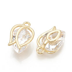 Clear Brass Cubic Zirconia Charms, Flower, Real 18K Gold Plated, Clear, 12x8x5mm, Hole: 1mm