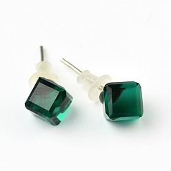 Emerald Shiny Glass Rhinestone Stud Earrings, with Platinum Brass Ear Stud Components, Emerald, 9x7mm, Pin: 0.7mm