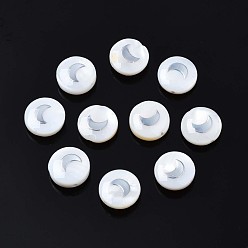 Platinum Natural Freshwater Shell Beads, with Platinum Plated Brass Metal Embellishments, Flat Round with Moon, Platinum, 8x4.5mm, Hole: 0.6mm
