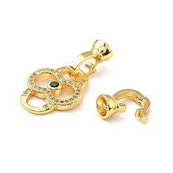 Golden Rack Plating Brass Micro Pave Clear & Green Cubic Zirconia Fold Over Clasps, Cadmium Free & Lead Free, Long-Lasting Plated, Flower, Golden, Flower: 20.5x16x2.5mm, Clasp: 13x7x6.5mm, Inner Diameter: 4.2mm
