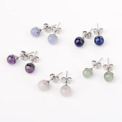 Mixed Stone 304 Stainless Steel Stud Earring Findings, with Round Natural Rose Quartz/Lapis Lazuli/Quartz/Green Aventurine/Amethyst with Hole, 20mm, Pin: 0.6mm