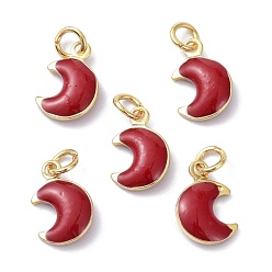Red Brass Enamel Charms, Real 18K Gold Plated, with Jump Rings, Moon, Cadmium Free & Lead Free, Red, 11x7x3.5mm, Hole: 2.6mm