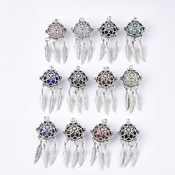 Mixed Color Alloy Cage Big Pendants, Hollow Round, with Synthetic Mixed Stone Round Beads, Antique Silver, Woven Net/Web with Feather, Mixed Color, 57~58x24x20.5mm, Hole: 8.5x3.5mm, Inner Diameter: 17mm, Bead: 15.5~16mm