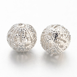 Platinum Iron Filigree Beads, Filigree Ball, Round, Platinum Color, Size: about 6~16mm in diameter, 6~15mm thick, hole: 1~6mm, about 200g/bag
